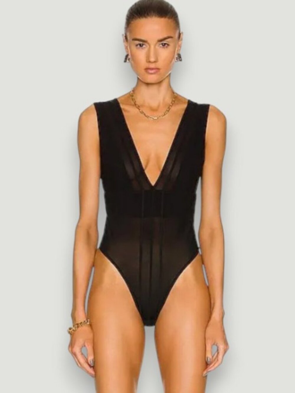 GAUGE81 Taia deep V mesh sleeveless bodysuit black women's size S NWT